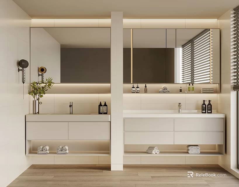 Modern Bathroom Vanity Featuring Double White Sinks Mirror And Storage Cabinets 3d model