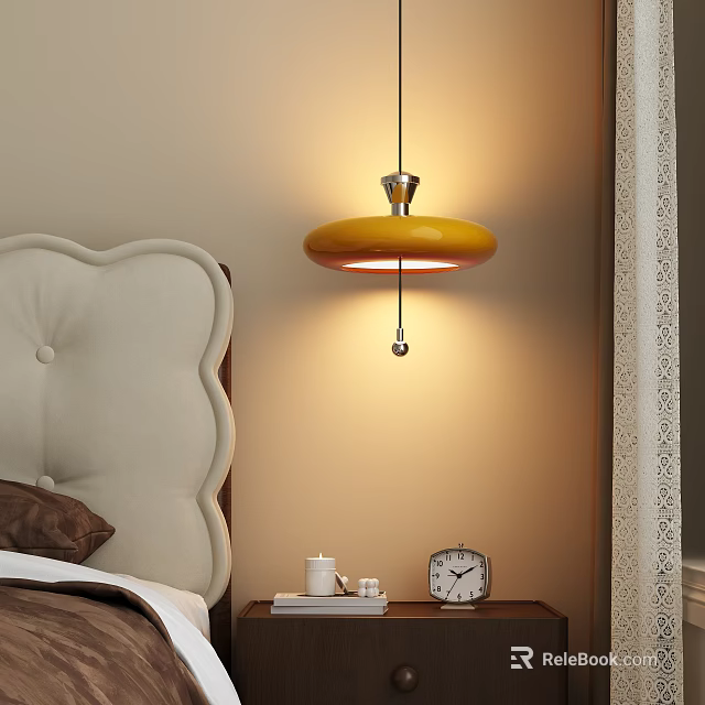 Yellow Dome Shaped Pendant Light In Bedroom With Beige Upholstered Bedhead And Nightstand Alarm Clock 3d model 
