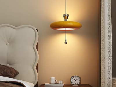 Yellow Dome Shaped Pendant Light In Bedroom With Beige Upholstered Bedhead And Nightstand Alarm Clock 3d model