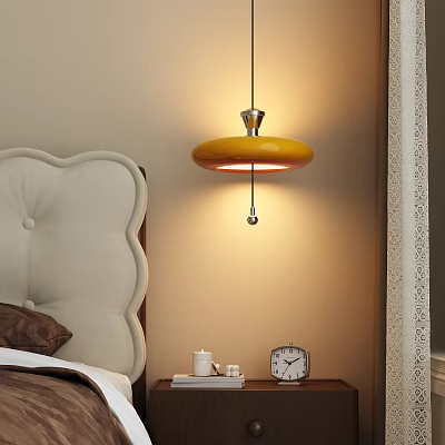 Yellow Dome Shaped Pendant Light In Bedroom With Beige Upholstered Bedhead And Nightstand Alarm Clock 3d model