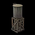 Vintage Metal Water Tower Structure With Wooden Support And Ladder