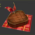 Heart Shaped Chocolate Cake on Red Gold Checkered Mat With Decorative Flag