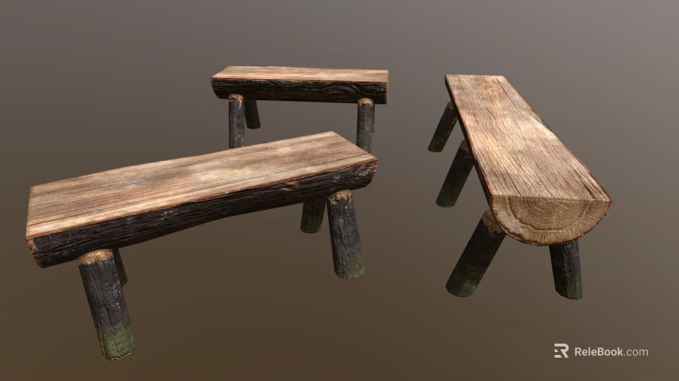 Set of Rustic Wooden Stools With Thick Log Legs And Natural Wood Grain Surface 3d model 