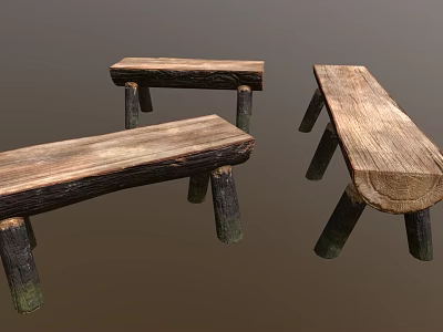 Set of Rustic Wooden Stools With Thick Log Legs And Natural Wood Grain Surface 3d model
