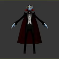 Game Movie Character With Blue Skin Yellow Eyes Red Vampire Cape And Black Suit