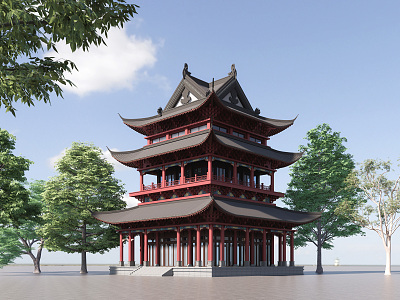 Chinese-style ancient building across the street 3d model