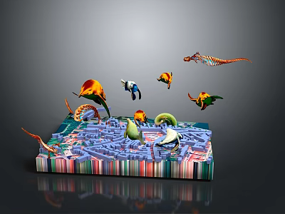 Colorful Bird Models On Square Platform With Complex Maze Pattern And Striped Base 3d model