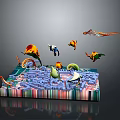Colorful Bird Models On Square Platform With Complex Maze Pattern And Striped Base