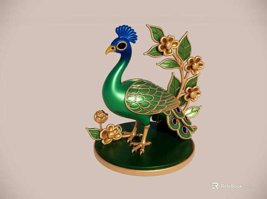 Green Peacock Ornamental Decoration With Blue Crest Golden Details And Flowers 3d model 