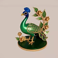 Green Peacock Ornamental Decoration With Blue Crest Golden Details And Flowers
