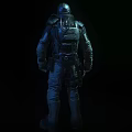Man in full protective suit with helmet and breathing apparatus standing against dark background