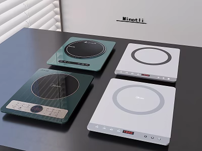 Modern Kitchen Induction Cooktops Green And White Four Different Designs On Black Countertop 3d model