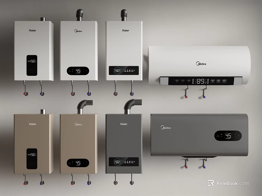 Various Modern Water Heaters Including Haier Midea Brands In White Gold Gray Colors 3d model 