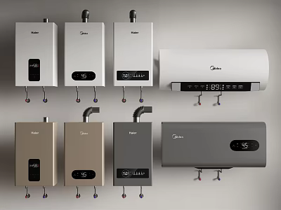 Various Modern Water Heaters Including Haier Midea Brands In White Gold Gray Colors 3d model