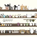 Kitchen Shelves With Various Mugs Bowls Jars And Bottles Organized In Cozy Home Kitchen