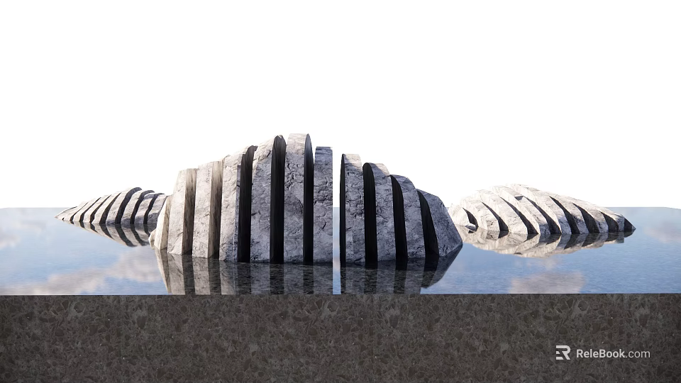 Art Installation Made Of Stone Wood With Curved Structure Vertical Pieces And Water Reflection 3d model 