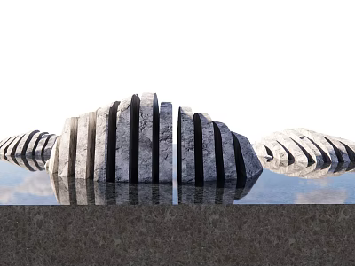 Art Installation Made Of Stone Wood With Curved Structure Vertical Pieces And Water Reflection 3d model