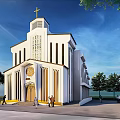 White Church Building With Cross On Top Arched Design And People Nearby