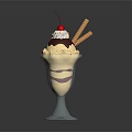 Creamy Ice Cream Sundae Topped with Chocolate Sauce Cherry and Waffle Sticks in Glass