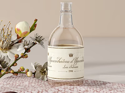 Transparent Beverage Bottle With Myocardial Symbols Label And White Blossoms On Textured Cloth 3d model