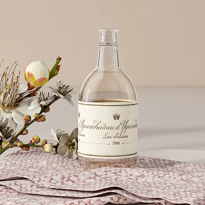 Transparent Beverage Bottle With Myocardial Symbols Label And White Blossoms On Textured Cloth 3d model