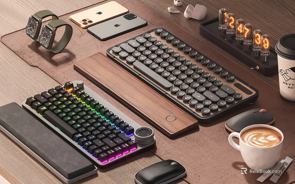 Mechanical Keyboard RGB Backlit Wireless Mouse Wooden Wrist Rest Computer Accessories Home Office Setup 3d model 