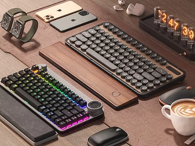 Mechanical Keyboard RGB Backlit Wireless Mouse Wooden Wrist Rest Computer Accessories Home Office Setup 3d model