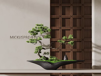 Bonsai Pine Tree in Black Pot with Moss Against Wooden Lattice Wall Interior Decor 3d model