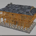 Two Story Wooden Building With Blue Tiled Roof Balcony And Stone Foundation