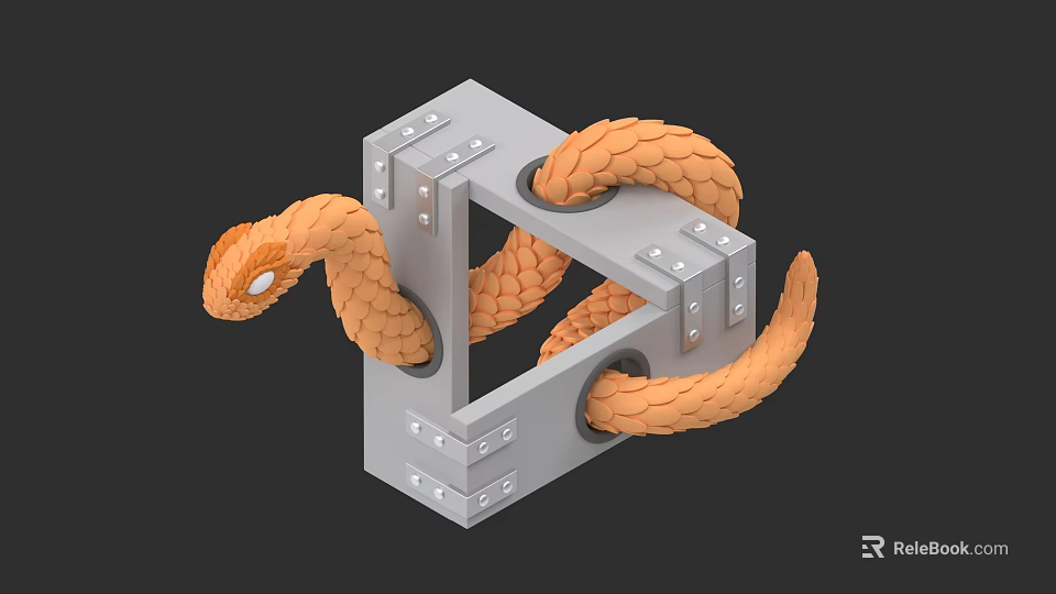 Reptilian Orange Snake Coiled Around Gray Cube Structure in 3D Art Design 3d model 