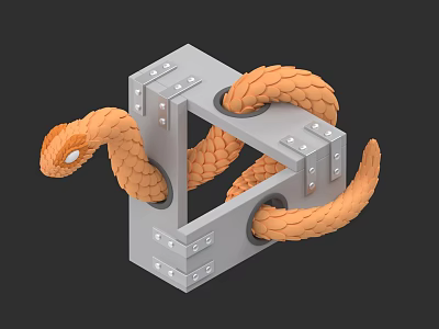Reptilian Orange Snake Coiled Around Gray Cube Structure in 3D Art Design 3d model