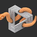 Reptilian Orange Snake Coiled Around Gray Cube Structure in 3D Art Design