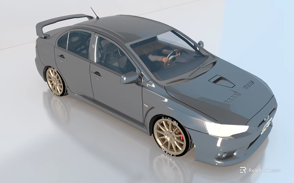 Sleek Gray Sports Car With Rear Spoiler Gold Wheels And Hood Scoop Headlights 3d model 