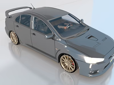 Sleek Gray Sports Car With Rear Spoiler Gold Wheels And Hood Scoop Headlights 3d model