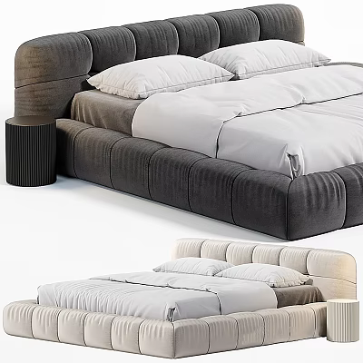 Modern Upholstered Double Bed Design With Gray Beige Frame Mattress And Bedside Table 3d model