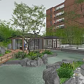 Modern Garden Landscape with Pond Rocks Green Plants Pavilion and Pergola near Building