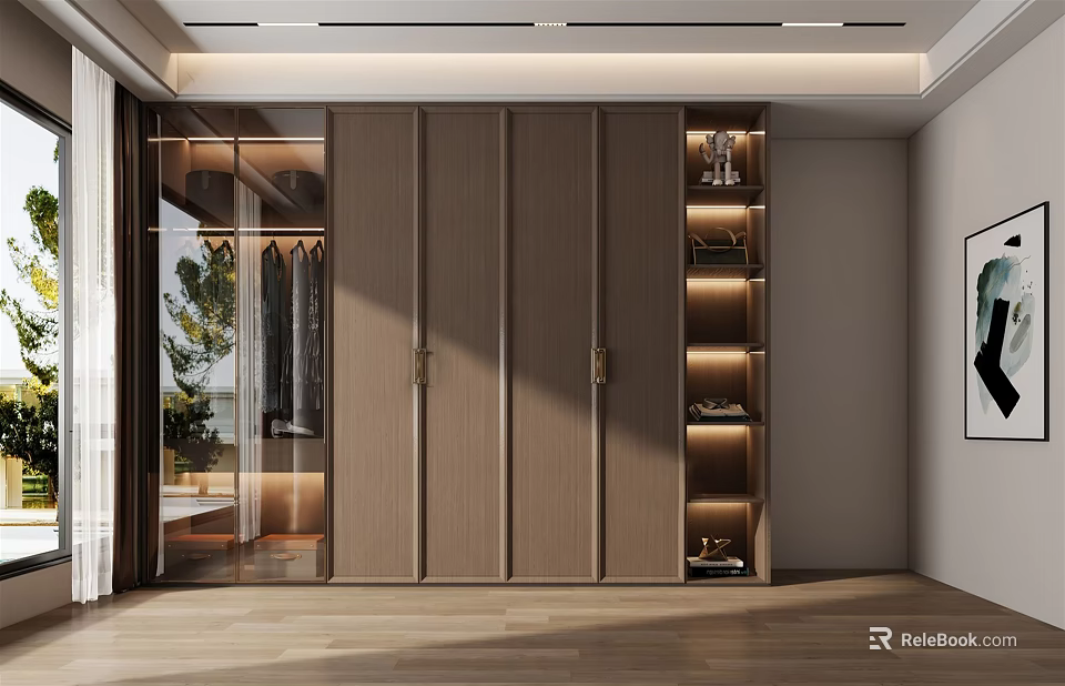 Modern Wooden Wardrobe with Glass Door Hanging Clothes and Open Shelves for Shoes and Decorations 3d model 