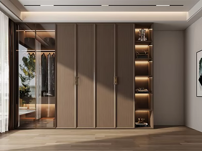 Modern Wooden Wardrobe with Glass Door Hanging Clothes and Open Shelves for Shoes and Decorations 3d model
