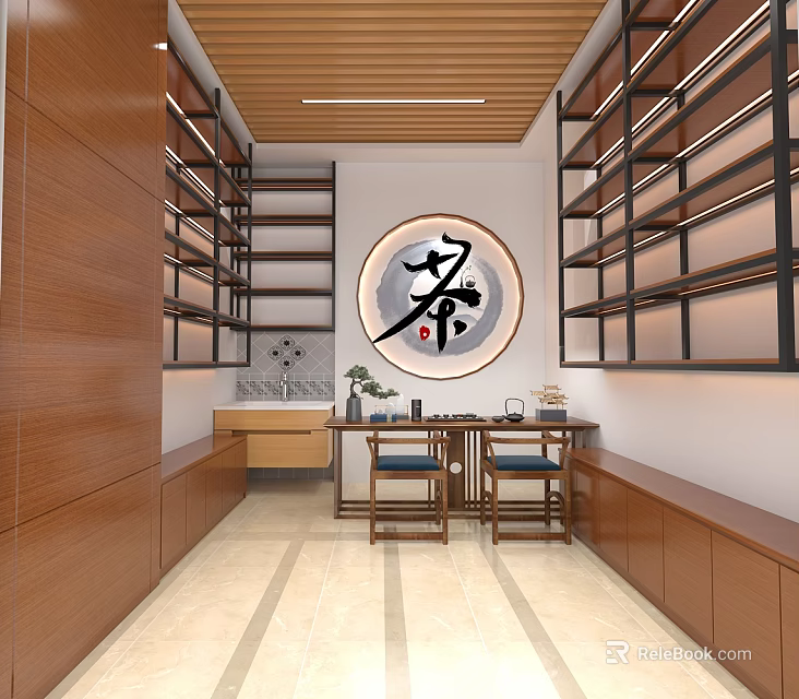 Chinese Style Tea Store with Wooden Shelves Circular Tea Character Decoration Long Table and Stools 3d model 