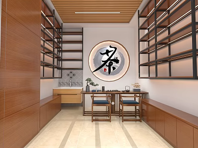 Chinese Style Tea Store with Wooden Shelves Circular Tea Character Decoration Long Table and Stools 3d model