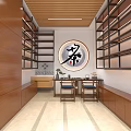 Chinese Style Tea Store with Wooden Shelves Circular Tea Character Decoration Long Table and Stools