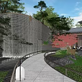Serene Outdoor Garden Landscape With Stone Wall Red Maple Trees Stone Pavement And Blue Sky