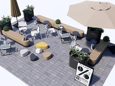 Modern Outdoor Leisure Seating Area With Umbrellas Plants Benches Tables And Tile Flooring 3d model