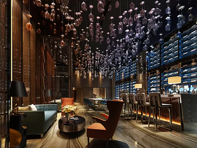 Elegant Modern Bar Interior With Hanging Lights Sofa Bar Counter And Wine Racks 3d model