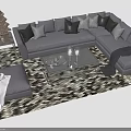 Gray L Shaped Sectional Sofa With Throw Pillows Glass Coffee Table Ottoman And Geometric Rug
