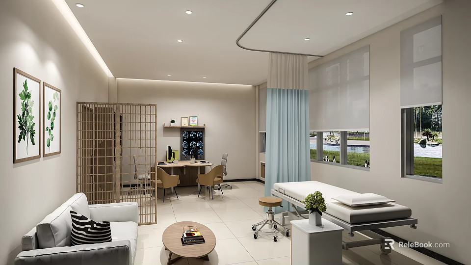 Modern Medical Clinic Interior Design With Sofa Coffee Table Examination Table And Screen 3d model 