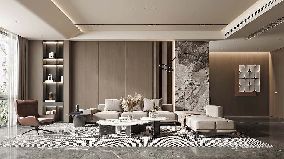 Modern Living Room Interior Design With Wooden Wall Panel Sofa Floor Lamp And Coffee Table 3d model 