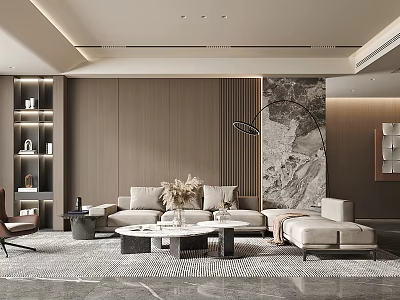 Modern Living Room Interior Design With Wooden Wall Panel Sofa Floor Lamp And Coffee Table 3d model