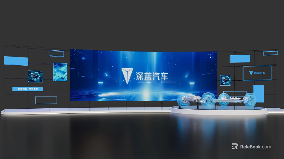 Modern Hi tech Exhibition Stage For Deep Blue Auto With Large Screen And Car Parts 3d model 