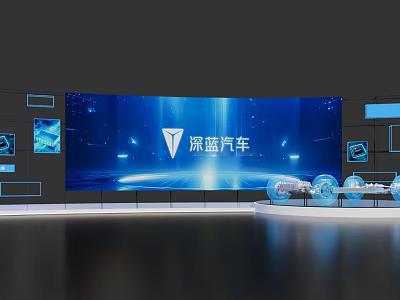 Modern Hi tech Exhibition Stage For Deep Blue Auto With Large Screen And Car Parts 3d model
